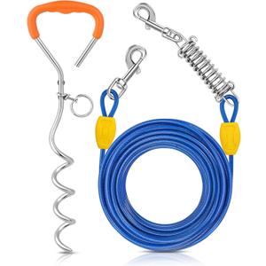 Petbobi Dog Tie-Out Cable and Stake - 40ft Heavy Duty Cable with Spring, No Tangle, 16in Ground Stake, Ideal for Yard, Camping and Beach, Suitable for Medium to Large Dogs Up to 120 lbs, Blue