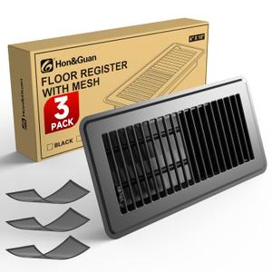 Hon&Guan Floor Register 4 x10 Inch, Heavy Duty Walkable Floor Vent Easy Adjust Air Vent Covers for Home Floor, Rust Proof Finish Registers with 3 PCS Magnetic Vent Mesh, Black, 3PCS