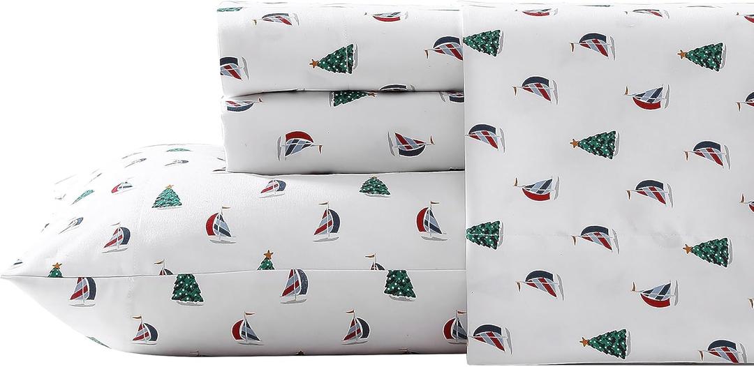 Nautica - Flannel Sheets Full Size, Anti-Pilling & Wrinkle Resistant Cotton, Touchably Soft for All-Season Comfort - Bed Sheets with Matching Pillowcases & Fitted Sheet (Holiday Sails)