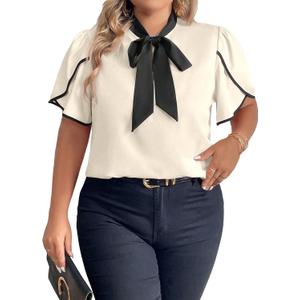 Women's Plus Size Work Office Blouse Bow Tie Neck Petal Sleeve Business Casual Blouse Shirts Top (3X-Large Plus, Apricot)