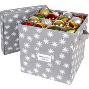 HOLDN STORAGE Christmas Ornament Storage Box with Lid - Christmas Decor Storage Containers that Store up to 64 Holiday Ornaments - Grey/White Snowflakes