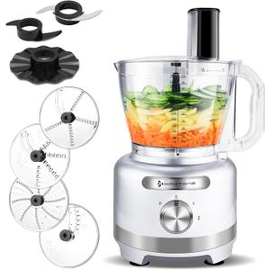 Homtone 16 Cup Food Processor, 9 Functions 7 Blades 3 Speeds for Shredding, Slicing, Doughing, Emulsfying and Meat Vegetable Chopping for Home Use, 600W (Sliver)