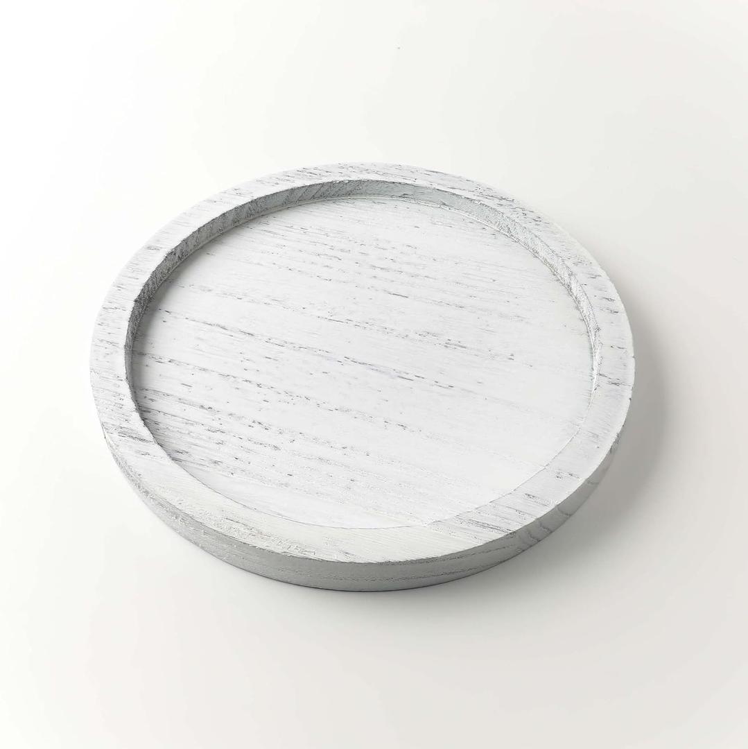 CYS EXCEL 9 Inch White Round Wooden Tray, Decorative Serving Trays for Ottoman Coffee Table Candle Holder Home Decor Accessories