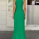 ZESICA Womens 2026 Summer Long Maxi Dress Sleeveless Crew Neck Hollow Out Pleated Ribbed Knit Swing Tank Dresses,Green,Large