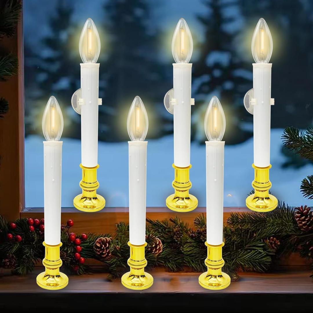 Christmas Window Candles Battery Operated with Timer, 6 Pack 10 Inch LED with Suction Cups, Warm White E12 Replaceable Bulbs, Flameless Battery Powered Lights for Windows Holiday Dcor
