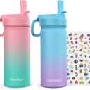 Kids Water Bottle, 2-Pack 16oz Kids Water Bottle with Stickers for School, insulated Stainless Steel Straw Cup(Pink+Blue)