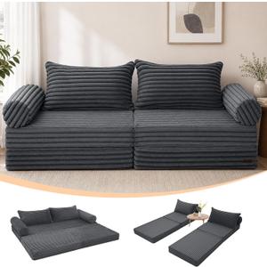 MeMoreCool Convertible Sofa Bed Queen, Corduroy Folding Couch Bed, Grey, 80" Queen