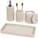 Beige Bathroom Accessories Set 4 Pcs - Toothbrush Holder,Lotion Soap Dispenser,Qtip Holder Dispenser,Vanity Tray for Countertop Vanity Organizer,Bathroom Accessory Set