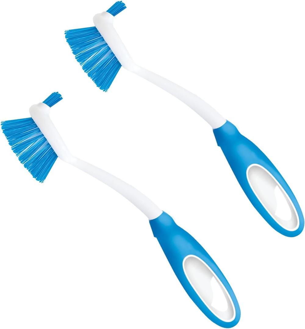Dish Brush Scrubber for Kitchen, 2 Pack, by LOLA, Has Stiff Bristles & Food Scraper, Comfort No-Slip Grip Handle, Safe for Non-Stick & Coated Cookware
