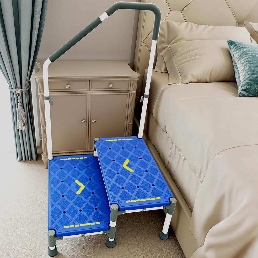 Extra Long Step Stool with Handle for Elderly(22 Inch), Heavy Duty 2 Stepping Stool with Adjustable Handrails for High Beds, Non-Skid Platform Foot Stool for Adults, Seniors, Handicapped (Blue)