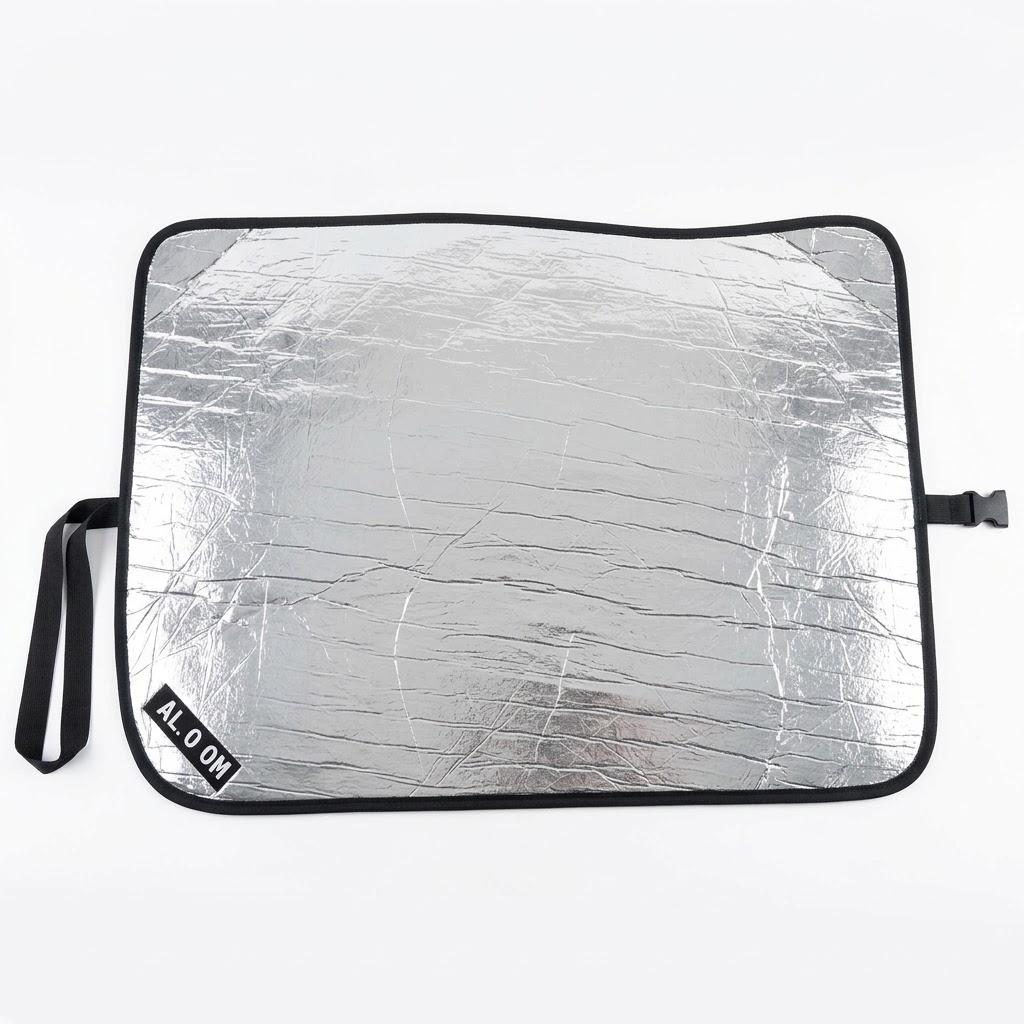 Foldable Car Windshield Sunshade – Reflective UV & Heat Blocker, Metallic Silver Front Window Visor Cover with Storage Strap & Carrying Bag, Size: LARGE = 64 x 33.5 inches
