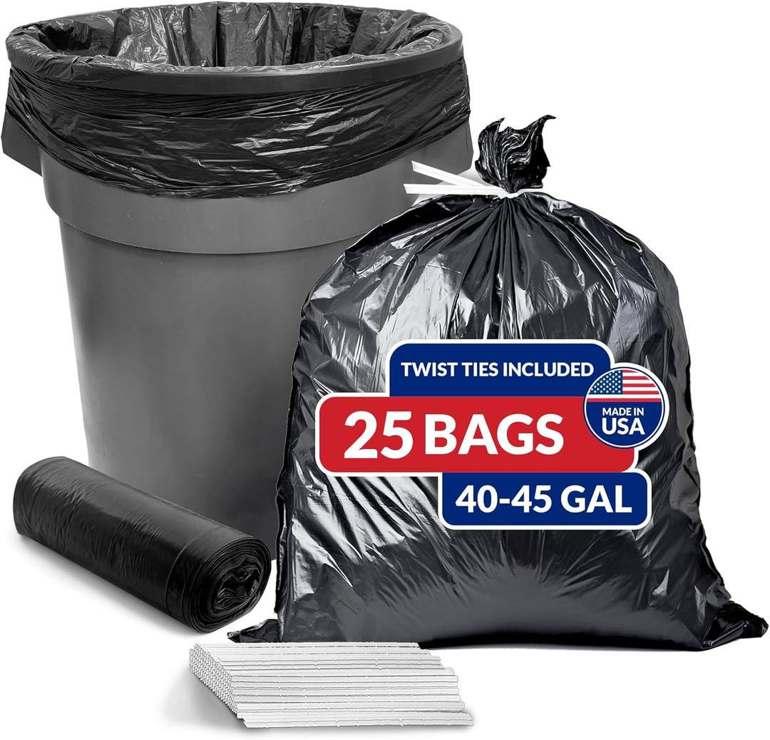 Reli. 45 Gallon Trash Bags Heavy Duty (25 Count) | Black | Twist Ties Included | Extra Tough, Leak-Proof Garbage Bags | Ideal for Large Clean Ups