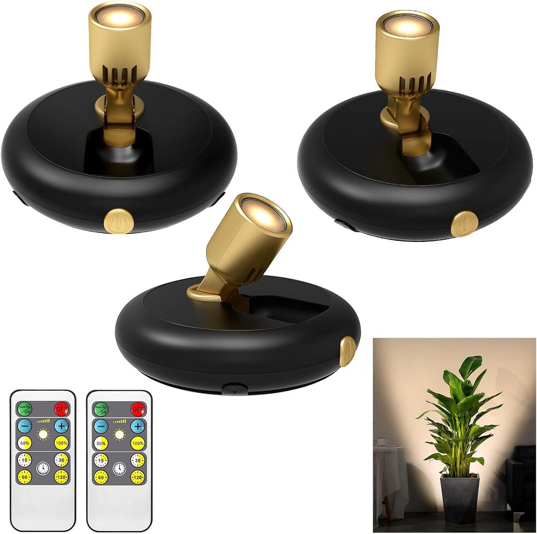 3Pack Battery Operated Indoor Plants SpotLight ,Tree Light Picture light with Remote,Dimmable Mini Led Accent Spotlight for Paintings with Timer,Wireless Uplight for Trees Plants Frame Gallery Closet (5INCH, Black)