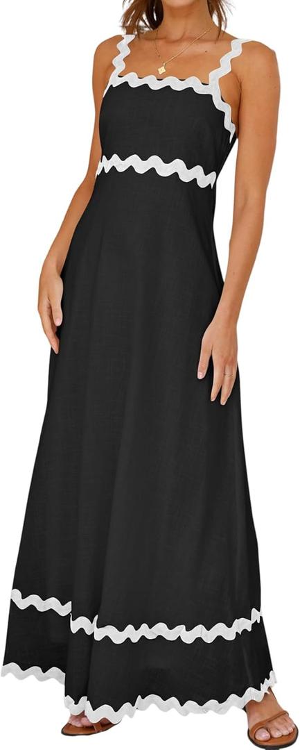 Women's Classy Sleeveless Lemon Print Maxi RIC Rac Dress (Medium, Black)