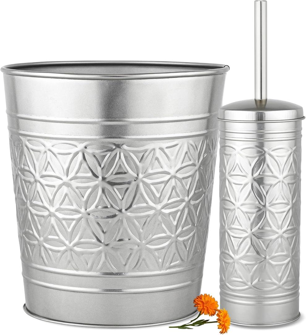 Autumn Alley Brushed Nickel Bathroom Trash Can and Toilet Brush Set 2-Piece Silver Metal Bathroom Accessories Set, Modern Farmhouse & Transitional Bathroom Decor