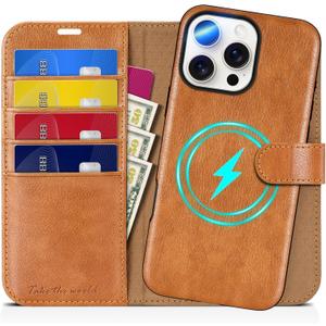 TUCCH Wallet Case for iPhone 16 Pro Max, [Removable] 2 in 1 [Wireless Charging] RFID Blocking [4 Card Slots] PU Leather Cover, Magnetic Detachable Stand Folio Case for iPhone 16 Pro Max, Light Brown