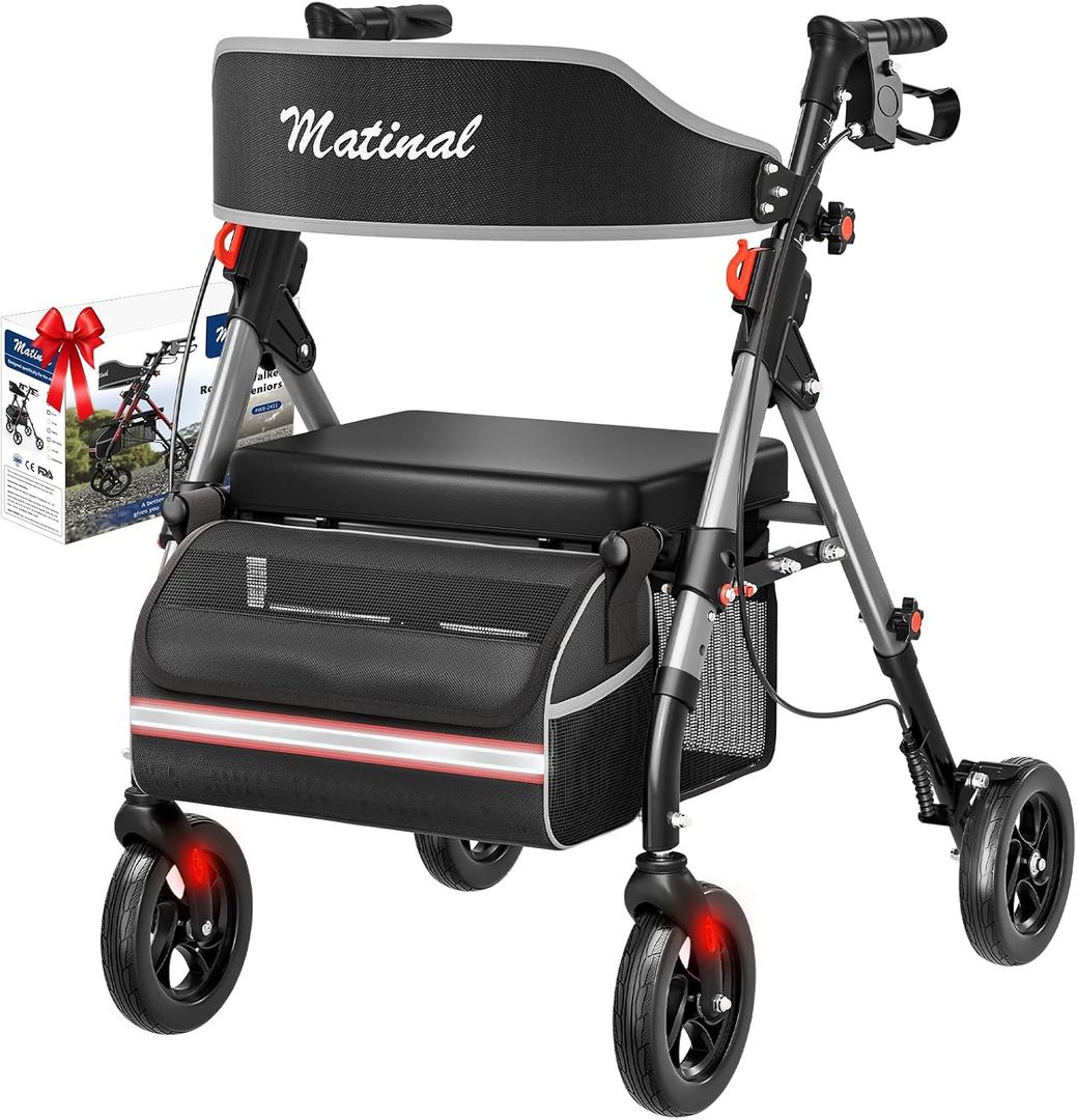 Walkers for Seniors, Rollator Walker with Seat, Walkers for Seniors with seat, 350 lb Capacity, with 8'' Big Wheels, Rolling Walker (Silver)