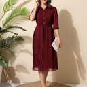 Women V Neck 3/4 Sleeve Pleated A-Line Dress with Belt Swing Midi Dresses for Spring Summer Autumn (L)