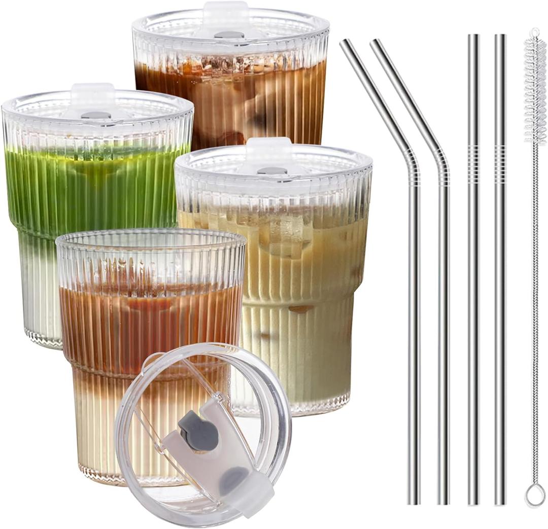 13 OZ Glass Cups with Lids and Straws, Iced Coffee Cups with Lids, Clear Ribbed Glassware for Coffee Smoothie Cocktail Ice Tea, Glass Tumbler with Straw and Lid, Set of 4