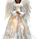 12.2'' Black Angel Christmas Tree Topper with Lights Standing African American Christmas Decorations Black Angel Figurines Treetop for Xmas Home Decor Winter Holiday(White, Cute Style)