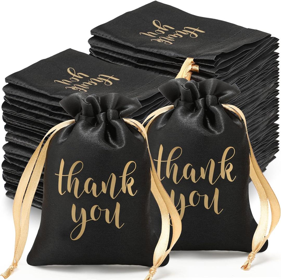 Roowest 100 Pcs Thank You Satin Gift Bags Drawstring Jewelry Candy Pouches for Wedding Bridal Shower Baby Shower Favor Drawstring Bag for Birthday Holiday Party(5 x 7 Inch, Black)