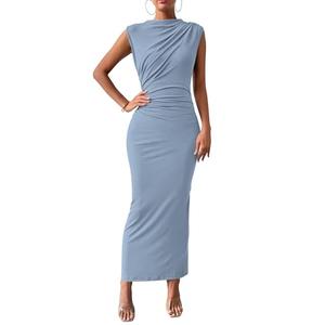 BTFBM Women Ruched Bodycon Maxi Dresses Summer Casual Sleeveless Lightweight Slit Elegant Cocktail Wedding Guest Dress(Light Blue, Large)