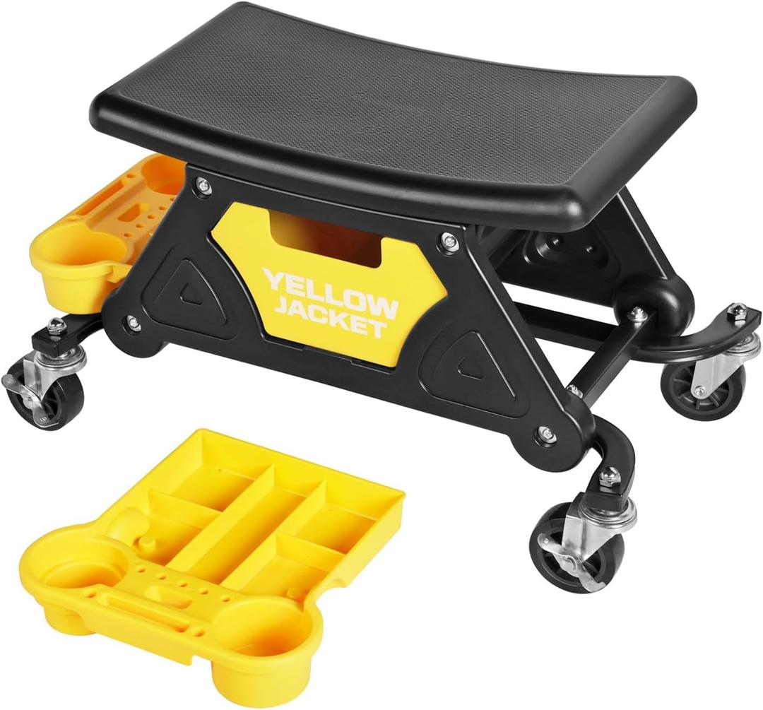 YELLOW JACKET Mechanic Stool with Wheels Rolling Stool Chair 300 lbs Capacity,Garage Mechanics Seat with Two Tool Trays and A Drawer Workshop Creeper Seat for Auto Repair Work