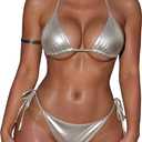 Metallic Bikini Set for Women, Sexy Triangle Top with Tie Side Bottom, Two Piece Swimsuit, Silver, Small