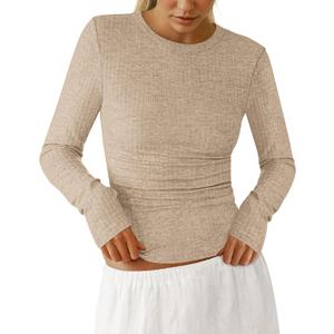 PRETTYGARDEN Womens Long Sleeve Shirts 2026 Ribbed Knit Slim Fitted Basic Tee Casual Going Out Tops Underscrubs Fall Clothing (Beige, M)