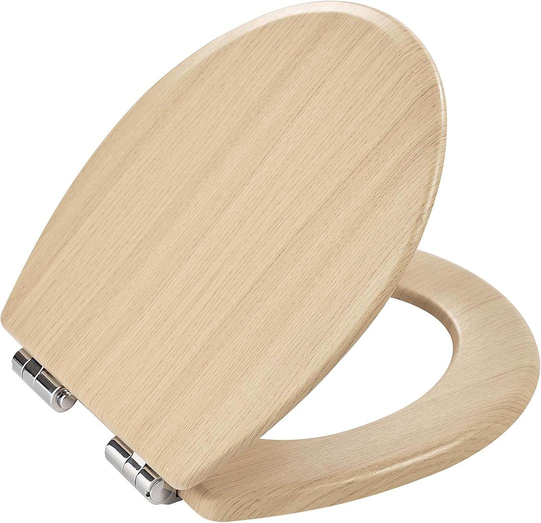 Toilet Seat, Slow Close, Premium Moulded Wood, Quick Release, Nordic Light Oak Look, PIKLiDS, Laminated Woodgrain Finish (Round)