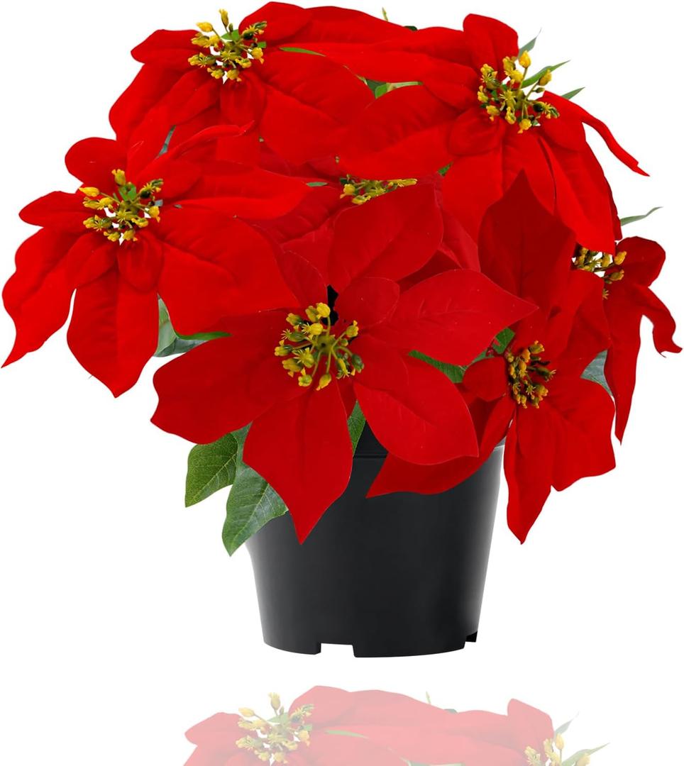 Poinsettia Flowers Artificial Red 14Inch Faux Christmas Poinsettia Plant Winter Flowers for Indoor Outdoor Xmas Ornament Porch Home Garden Decorations