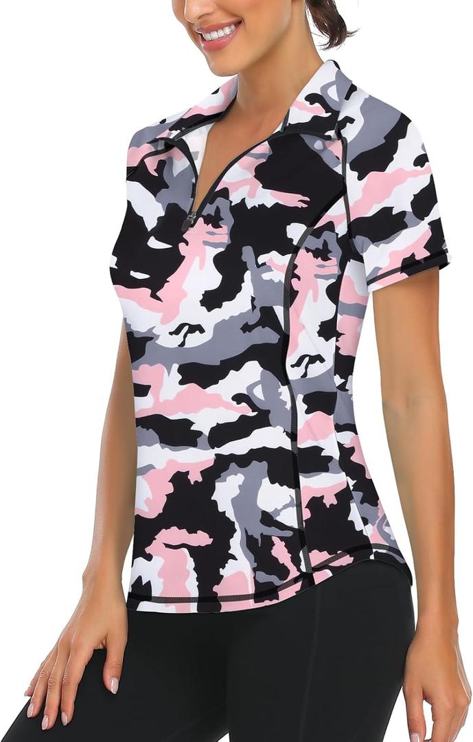 LURANEE Women's Short Sleeve Moisture Wicking Athletic Shirts Quarter Zip Pullover (Pink Camo), S