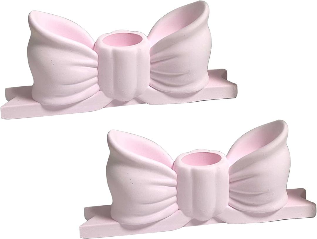 Candle Holder Set of 2, Bow Candlestick Holders Fit 0.59 Inch Candles, Gypsum Candelabra Decorative Candle Stand Centerpiece for Table Wedding Dinning Party (Pink-2PCS)
