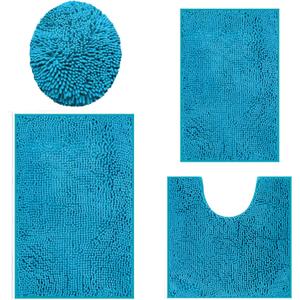 Bath Mat Set 4 Pieces, Plush Rugs for Bathroom, Soft Cozy Shaggy Durable Thick Chenille Mats, Non-Slip Plush Carpet for Floor, Tub, and Shower, Teal Blue