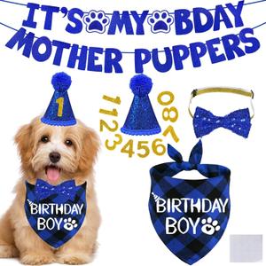 STMK Dog Birthday Decorations, Multi Sizes Dog Birthday Hat with Numbers Bandana Bow Tie Its My Bday Mother Puppers Banner for Small Medium Dogs Pets (Blue, Small) 