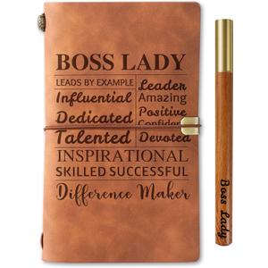 Boss Lady Gifts Journal Notebook with Pen, Gifts for Boss & Manager & Women, Refillable Sketchbook, Travel Diary, Lined Planner, 7x5 Inches, Brown