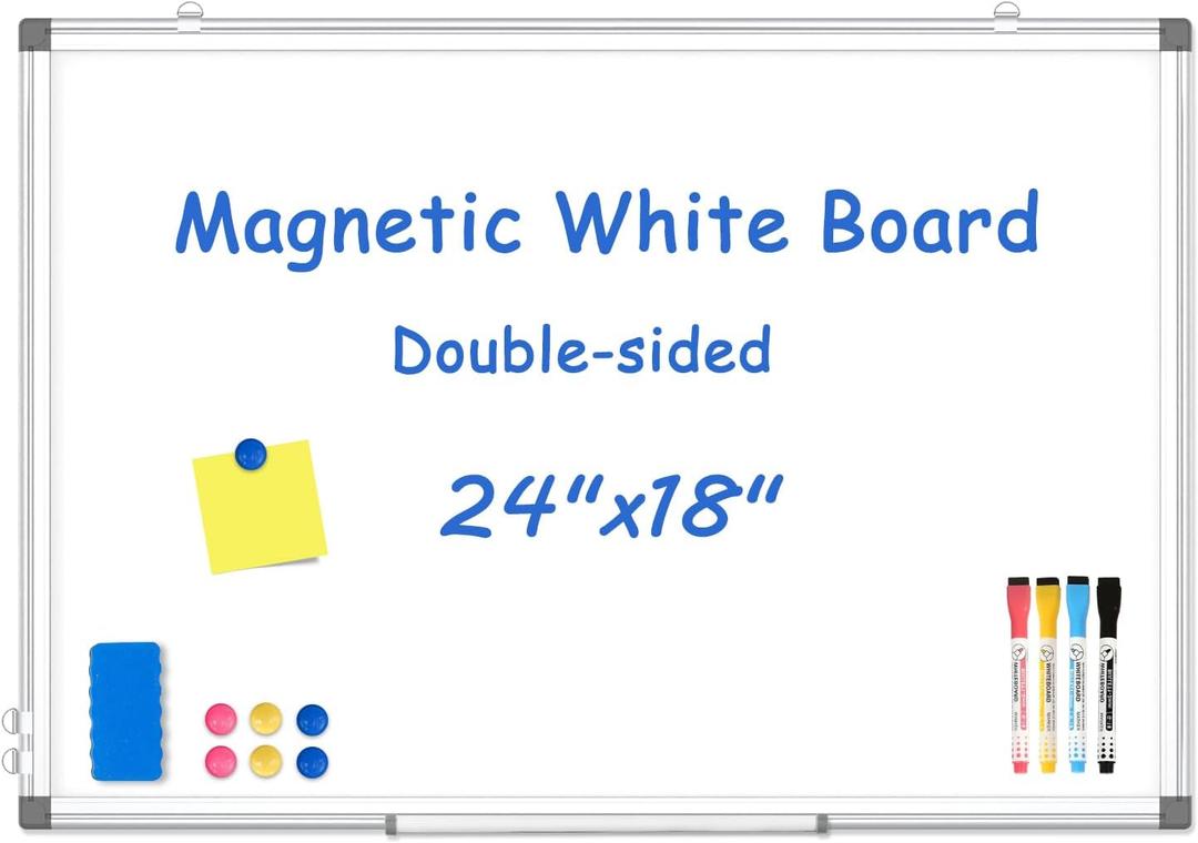 WALGLASS Double-Sided White Board, 24" x 18" Dry Erase Board Magnetic Whiteboard for Wall, Hanging Mounted Whiteboard Silver Aluminium Frame for Home, School, Office, Kitchen (24" x 18", White)