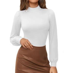 MANGOPOP Mock Neck Puff Sleeve Bodysuit Turtleneck Loose Lantern Long Sleeve Body Suit for Women for Going Out (Small, 02 White)