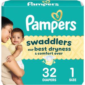 Pampers Swaddlers Diapers, Size 1 (8-14 lbs), 32 Count, Absorbent, Keeps Baby Dry and Comfortable, Skin Safe Disposable Baby Diaper