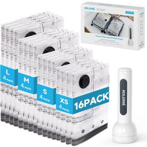 16 Pack Travel Vacuum Bags with Upgraded Rechargeable Pump, 4 Sizes Space Saver Vacuum Storage Bags for Luggage and Suitcase, Compression Bags for Packing, Vacuum Seal Bags for Clothing Travel