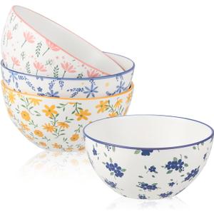 Ceramic Cereal Bowl Set of 4 - Colorful Porcelain Soup Bowls with Floral Patterns - 6-Inch Perfect for Serving Breakfast, Salad, Oatmeal, Rice - 23.6 OZ (700 ml)