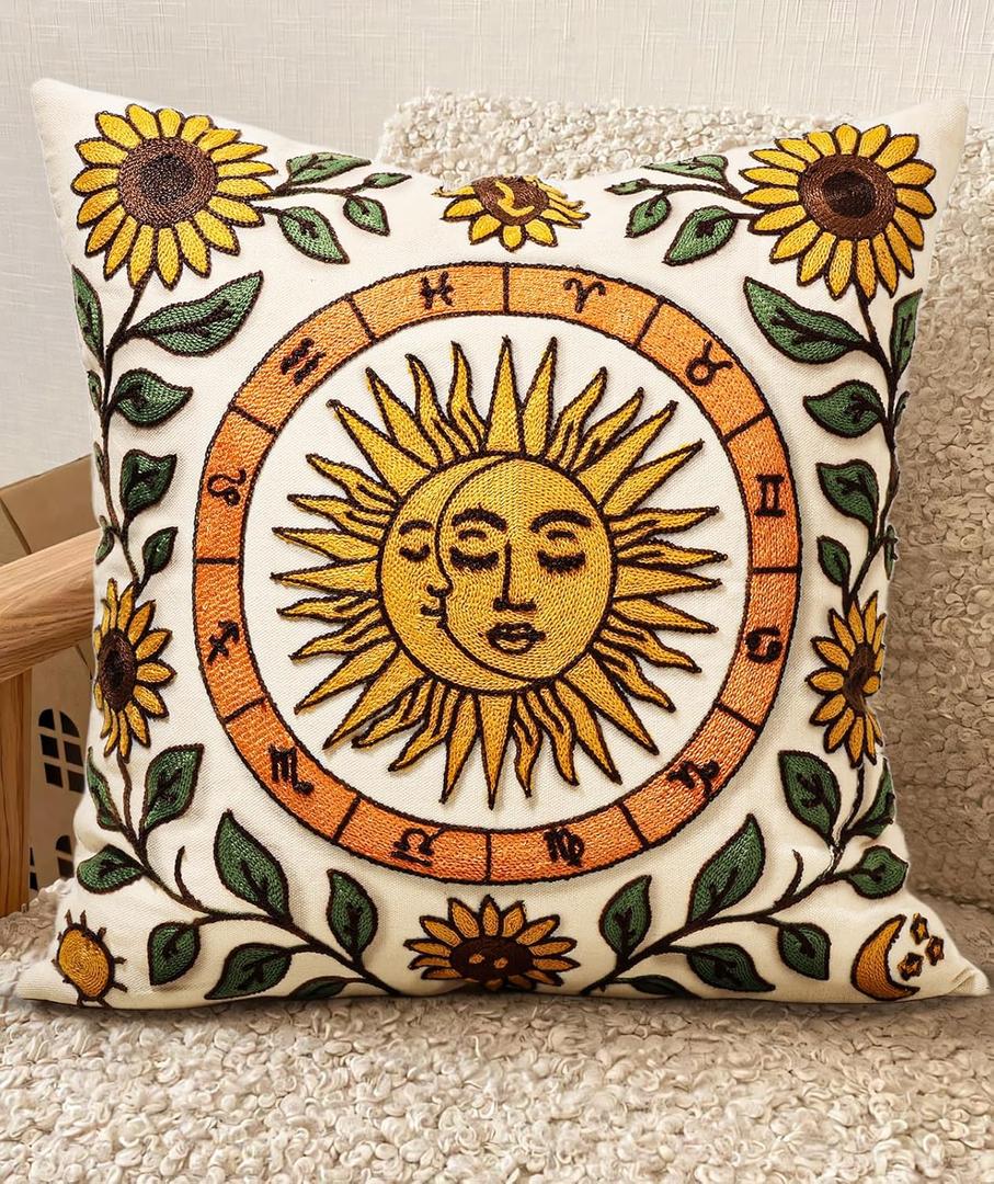 Embroidered Throw Pillow Covers 18x18 Inch - Summer Boho Decorative Pillow Cover with Zipper for Living Room Couch Sofa Bed Aesthetic Design Sunflower Moon Linen Cushion Pillowcase