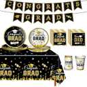 2025 Graduation Party Decorations, Black and Gold Decorations Party Supplies with Paper Plates, Napkins, Tablecloth, Cups, Banner for Grad Favors Supplies, Grad Tableware Kit Serves 24