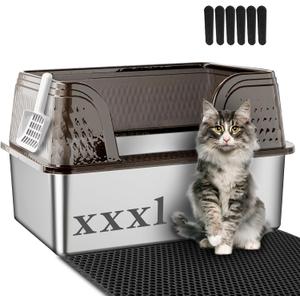 Suhaco XXXL Stainless Steel Litter Box with High Sided Deep Side Entry Deep Extra Large Metal Litter Box Included Mat & Scoop Anti-Urine Leakage Cat Litter Boxes for Big Cats (Black)