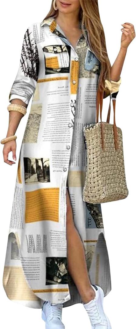 YMING Womens Casual Long Sleeve Letter Print Dresses Button Down Loose Fit Dress Swing Maxi Shirt Dress Newspaper 2XL