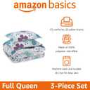 Amazon Basics 3-Piece Soft, Plush Microfiber Kids' Comforter and Pillow Sham Set, Full/Queen, Purple Flowers, Bluish Pink, Floral