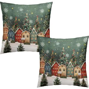 Wnoesat Christmas Decorative Pillow Cover 18x18 Set of 2 Winter Xmas Tree Wonderland Forest Village Town House Snowflake Pillow Case Holiday Farmhouse Vintage Rustic Pillowcase for Sofa Couch Porch