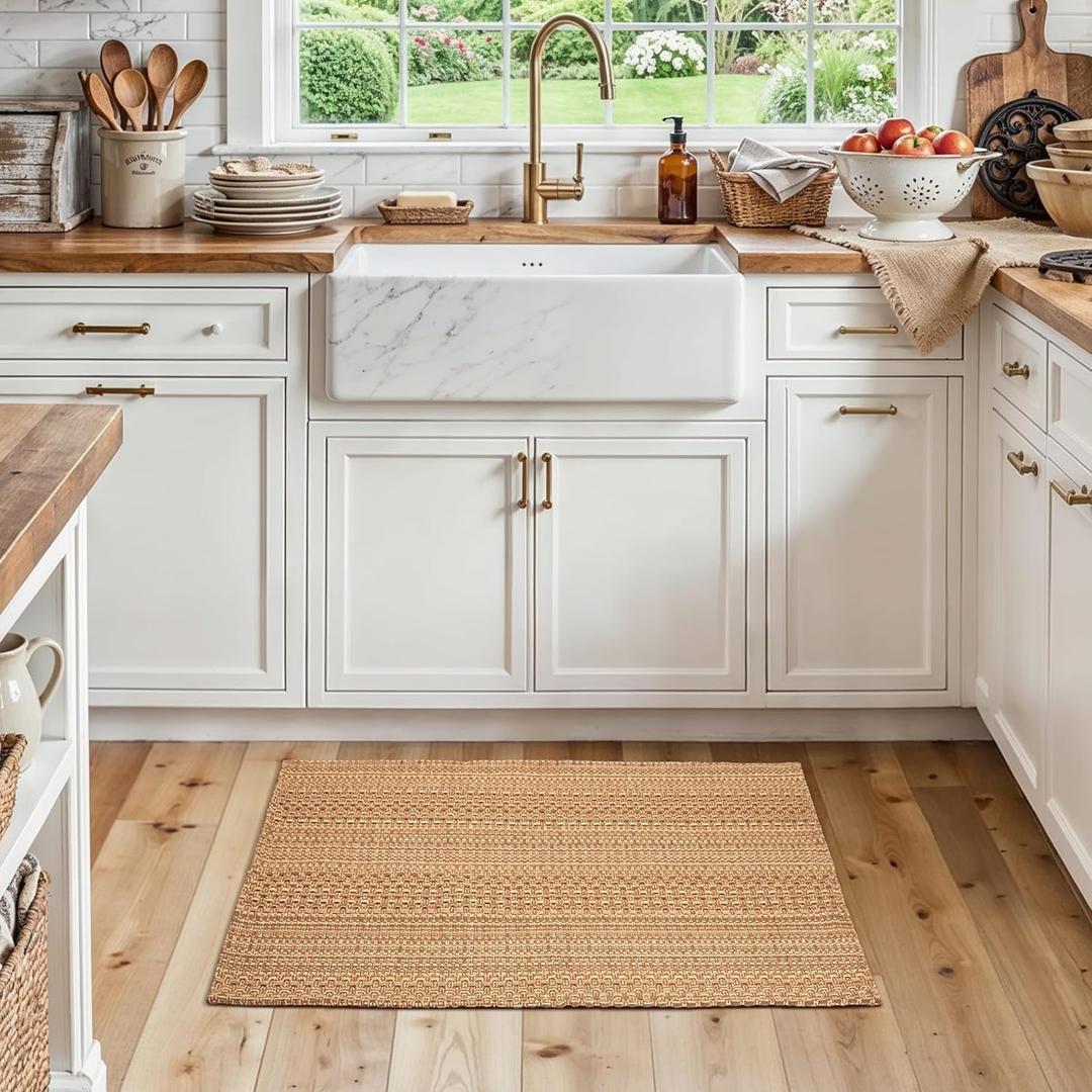 MatEssenz 20"x30" Kitchen Mats for Floor, Woven Kitchen Rugs, Machine Washable Mats Boho Style, Non Slip, Anti-Skid TPR Backing for Kitchen, Non-Slip, Durable, Easy Clean, Everyday Use (1'8" x 2'6" (Rectangular), Light Brown)