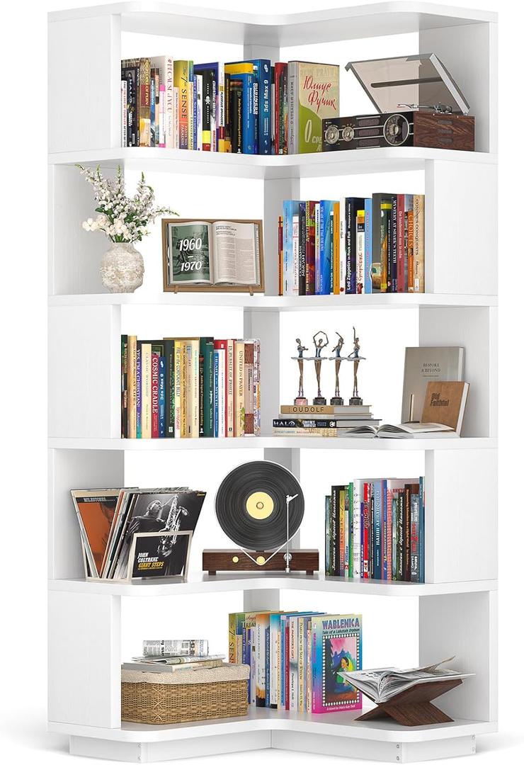 Armocity Corner Book Shelf - 6-Shelf Corner Bookshelf Etagere Bookcase with Baffle, Freestanding L Shaped Display Shelf Stand for Home Office, Living Room, Bedroom, Kitchen, White, 6-tier