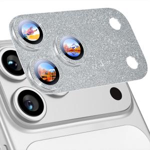Uyiton for iPhone 17-Pro Camera-Lens Protector: Bling [Not Easy to Break][Strong Adsorption][Case-Friendly] Metal Tempered Glass Rear Camera Screen Cover - Glitter Silver